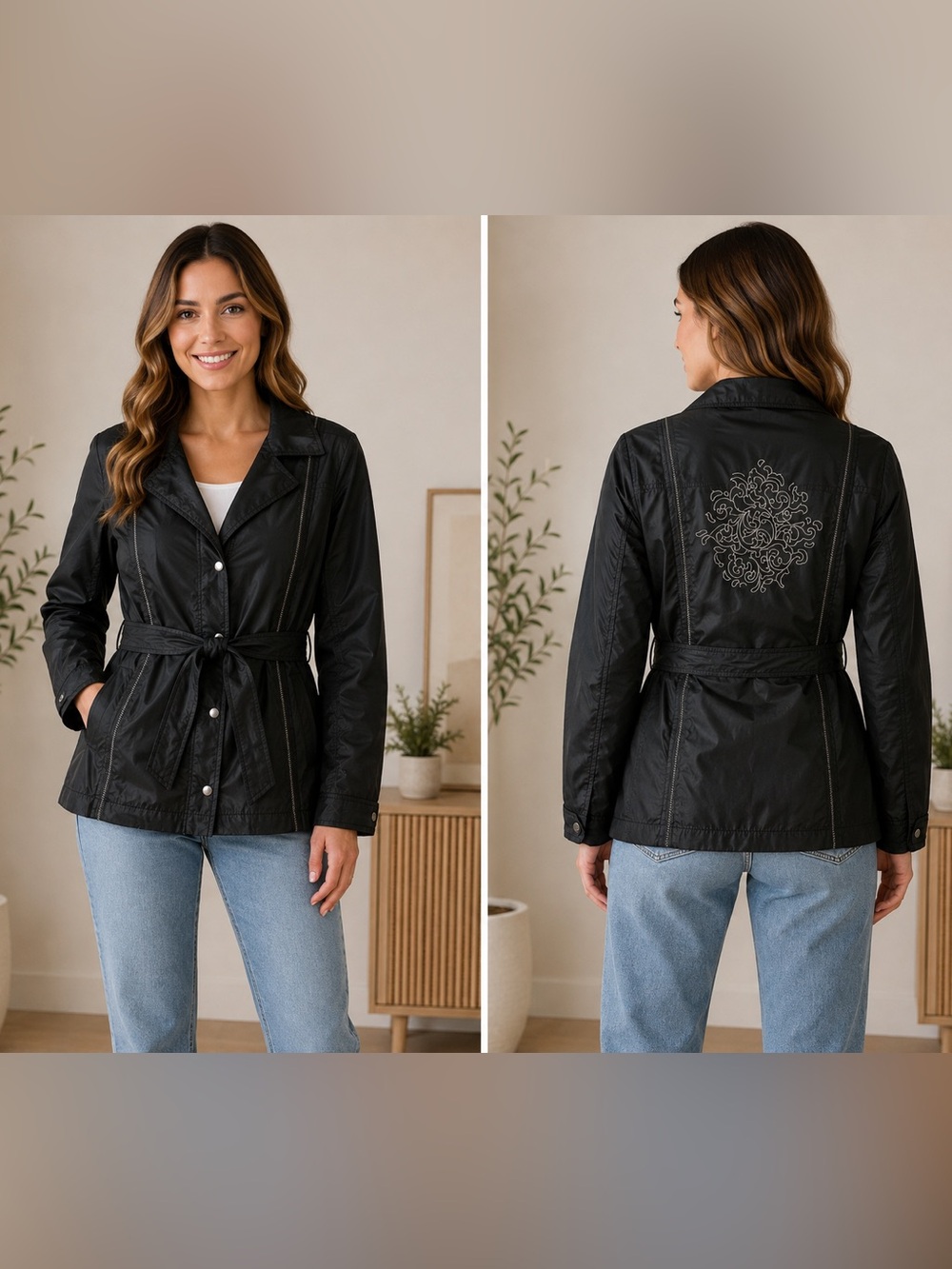 Chico's Black Belted Utility Jacket with Embroidered Back Chico’s size 2